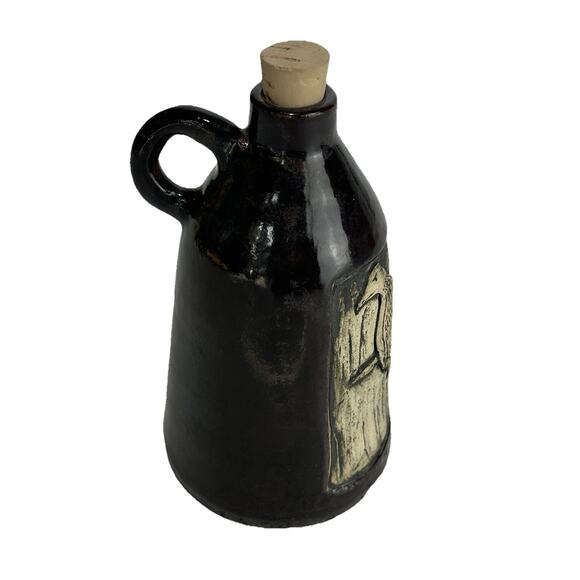 studio artist pottery milk jug etched raven bird corked Signed - Picture 4 of 9